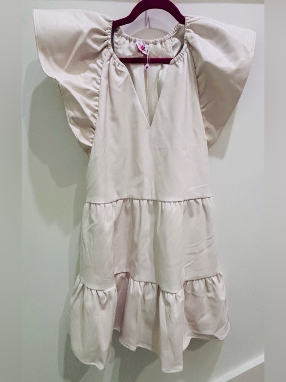 Buddy Love Cream Vegan Faux Leather Ruffle Flutter-Sleeve Mini Dress